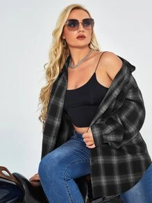 Flirla Plus Size Checkered Long Sleeve Casual Shirt, Suitable For Work & Outdoor - Black and White - View 3
