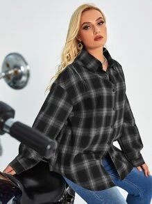 Flirla Plus Size Checkered Long Sleeve Casual Shirt, Suitable For Work & Outdoor - Black and White - View 4