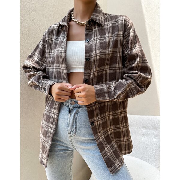 

Tartan Print Curved Hem Blouse, Brown