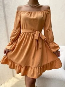 SHEIN Unity Off Shoulder Gathered Sleeve Ruffle Hem Belted Dress - Orange - View 1