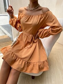 SHEIN Unity Off Shoulder Gathered Sleeve Ruffle Hem Belted Dress - Orange - View 3
