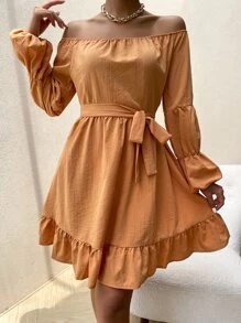 SHEIN Unity Off Shoulder Gathered Sleeve Ruffle Hem Belted Dress - Orange - View 5
