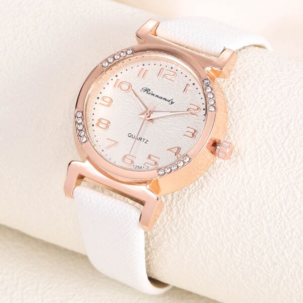 

Rhinestone Decor Round Pointer Quartz Watch