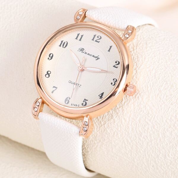 

Rhinestone Decor Round Pointer Quartz Watch