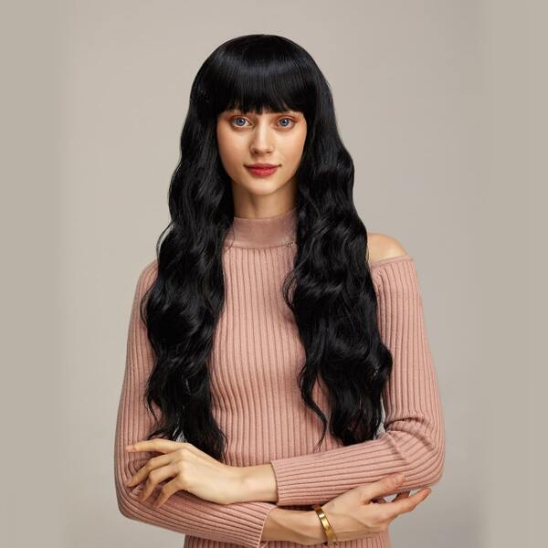

Natural Long Curly Wig With Bangs, Black