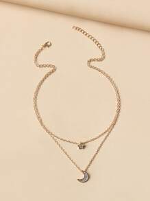 Rhinestone Moon & Star Charm Necklace - Yellow Gold - View 3