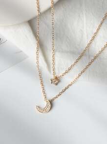 Rhinestone Moon & Star Charm Necklace - Yellow Gold - View 5