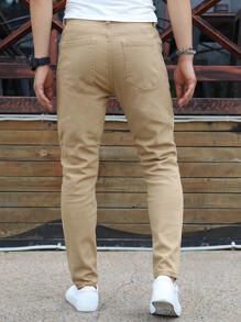 Manfinity Homme 男士斜口袋纯色牛仔裤纯色修身洗水卡其色工装牛仔裤，适合送给丈夫、男朋友的礼物 - 卡其色 - 查看 2