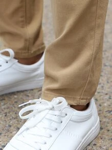 Manfinity Homme 男士斜口袋纯色牛仔裤纯色修身洗水卡其色工装牛仔裤，适合送给丈夫、男朋友的礼物 - 卡其色 - 查看 4