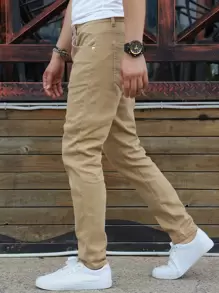 Manfinity Homme 男士斜口袋纯色牛仔裤纯色修身洗水卡其色工装牛仔裤，适合送给丈夫、男朋友的礼物 - 卡其色 - 查看 7