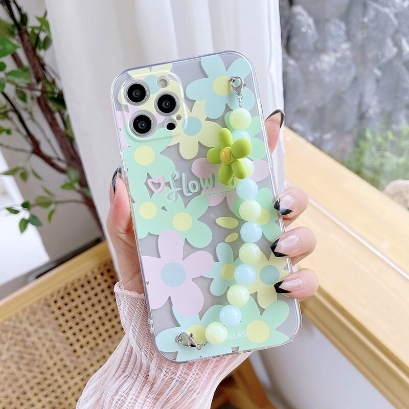

Flower Pattern Phone Case With Beaded Hand Strap, Multicolor