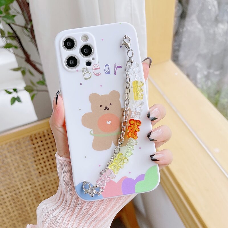 

Bear Pattern Phone Case With Bear Beaded Hand Strap, Dusty blue