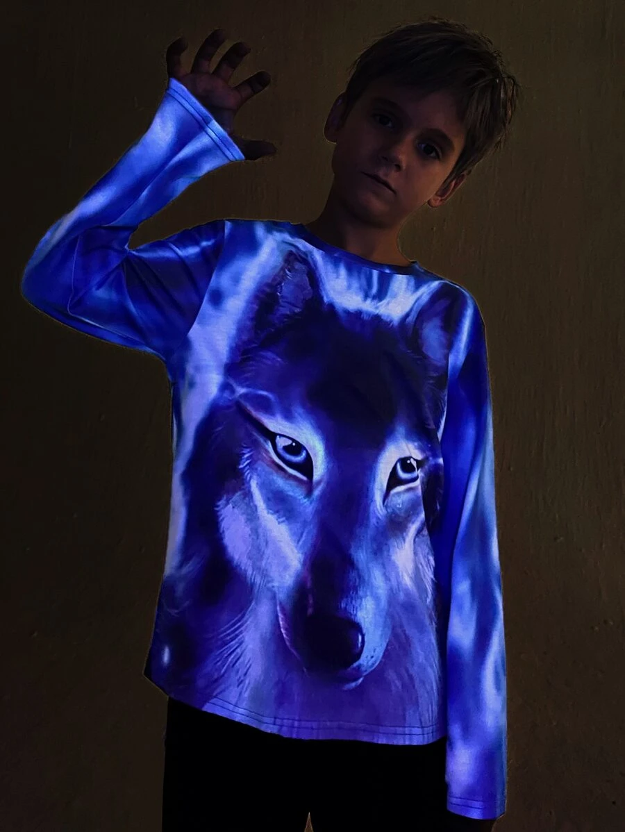 SHEIN Spring And Autumn Casual Long Sleeve Tween Boy Round Neck 3d Reflective Wolf Printed T-Shirt - Multicolor - View 1