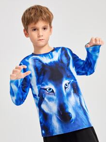 SHEIN Spring And Autumn Casual Long Sleeve Tween Boy Round Neck 3d Reflective Wolf Printed T-Shirt - Multicolor - View 4