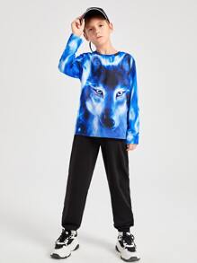 SHEIN Spring And Autumn Casual Long Sleeve Tween Boy Round Neck 3d Reflective Wolf Printed T-Shirt - Multicolor - View 5