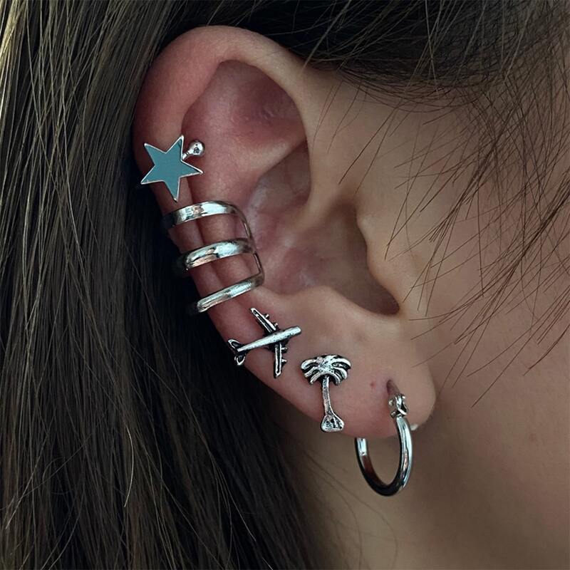 

6pcs Star Decor Earrings, Antique silver