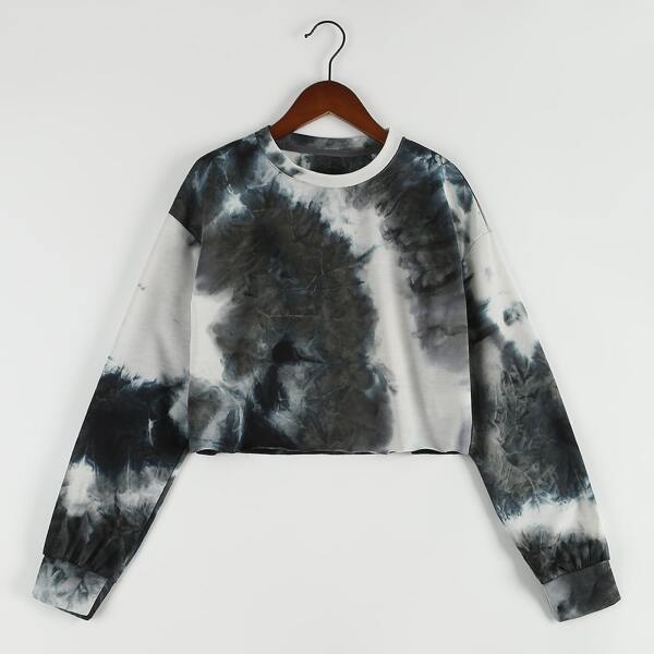 

Women Tie Dye Drop Shoulder Crop Sweatshirt, Black and white