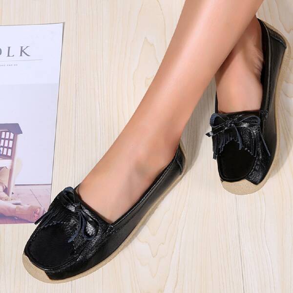 

Leather Bow Decor Ballet Flats, Black