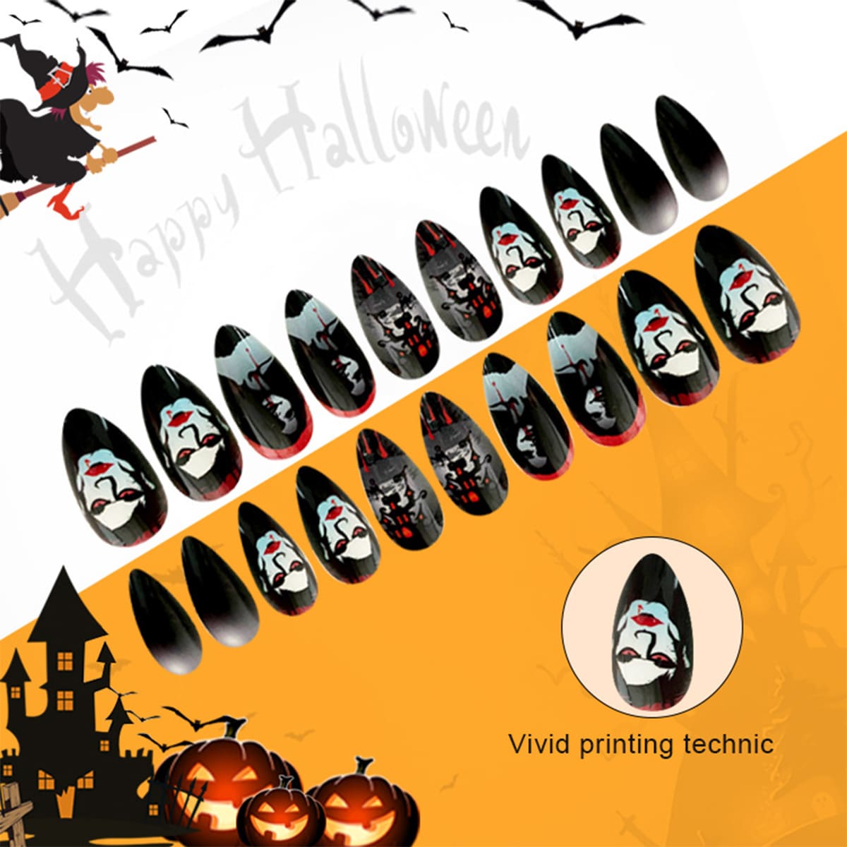 

24pcs Halloween Fake Nail & 1sheet Tape, Multicolor