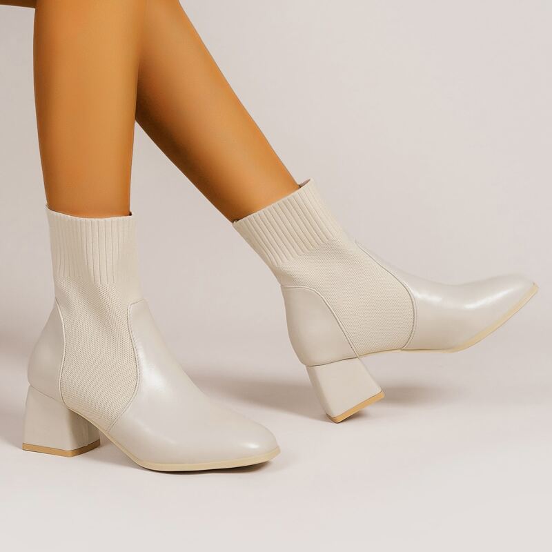 

Point Toe Chunky Heeled Sock Boots, Beige