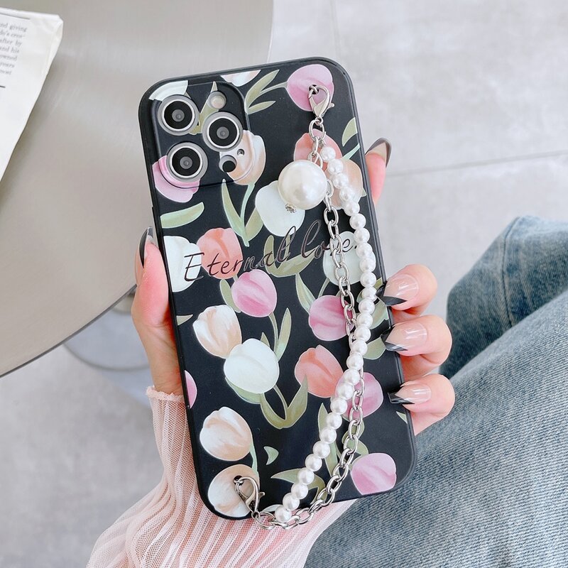 

Flower Pattern Phone Case With Faux Pearl Hand Strap, Multicolor