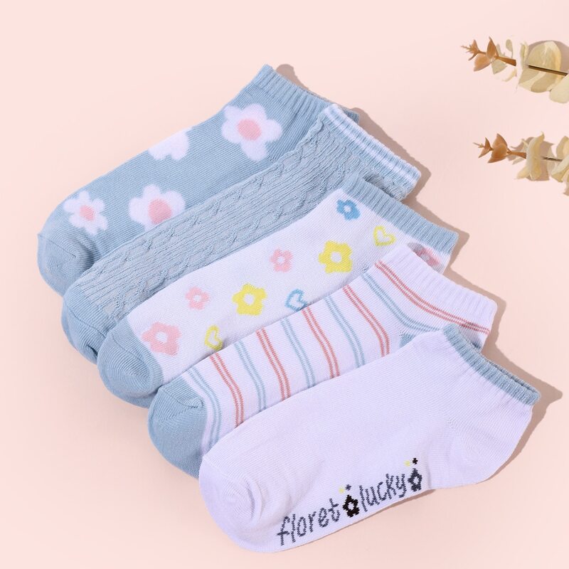 

5pairs Flower Print Ankle Socks, Multicolor