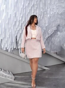 SHEIN Unity Cazadora de cuello con solapa con parte delantera abierta bajo con fleco de cuadros tweed - Rosa Pálido - Ver 4