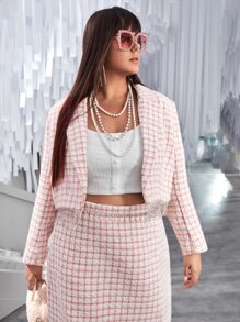 SHEIN Unity Cazadora de cuello con solapa con parte delantera abierta bajo con fleco de cuadros tweed - Rosa Pálido - Ver 2
