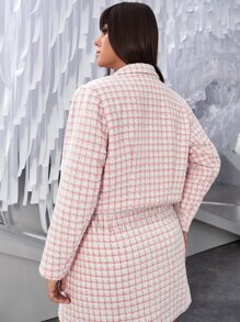 SHEIN Unity Cazadora de cuello con solapa con parte delantera abierta bajo con fleco de cuadros tweed - Rosa Pálido - Ver 5