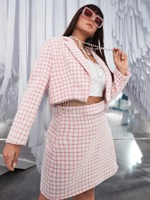 SHEIN Unity Cazadora de cuello con solapa con parte delantera abierta bajo con fleco de cuadros tweed - Rosa Pálido - Ver 6