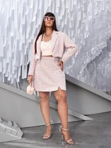 SHEIN Unity Cazadora de cuello con solapa con parte delantera abierta bajo con fleco de cuadros tweed - Rosa Pálido - Ver 7