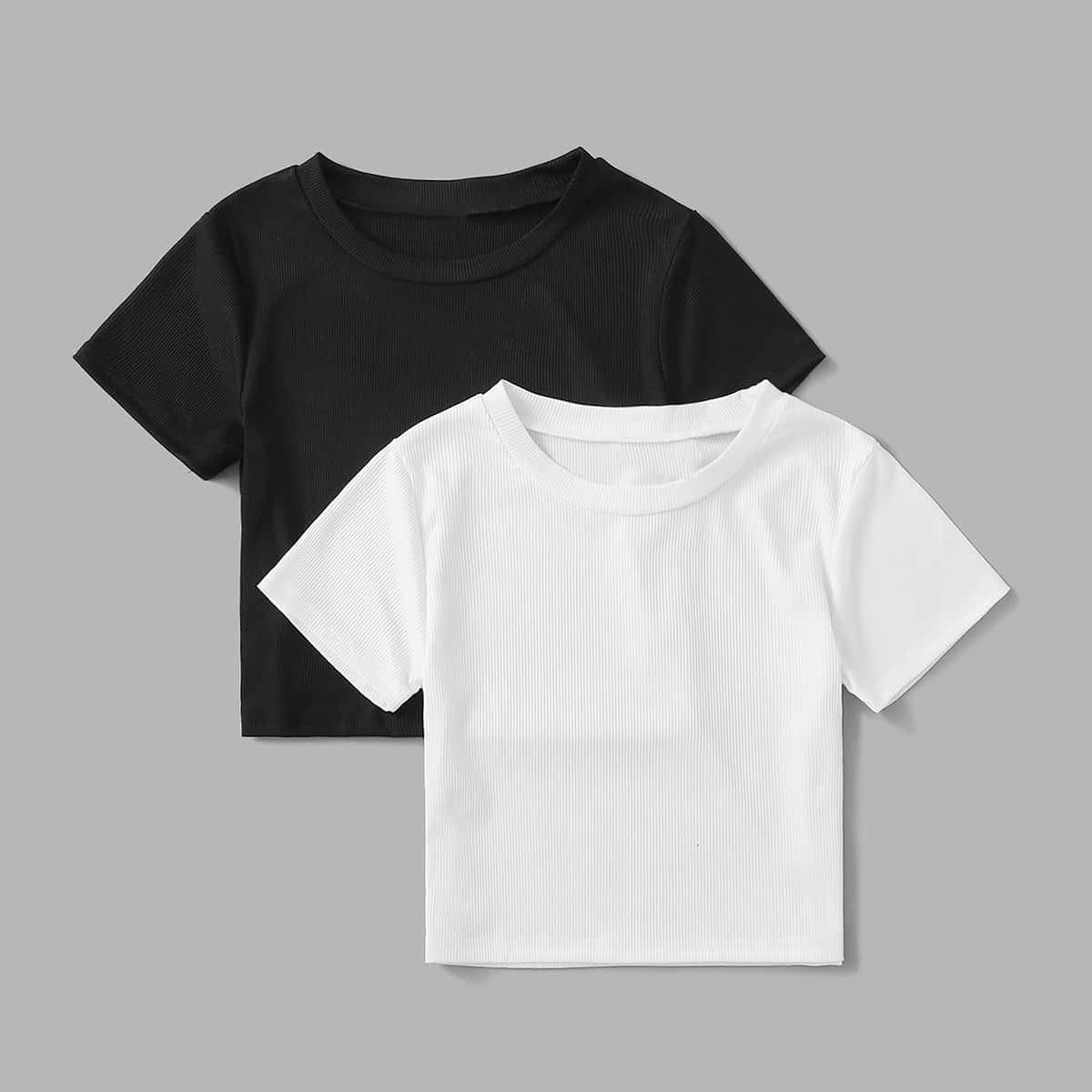 

2pcs Solid Ribbed Crop Tee, Black and white