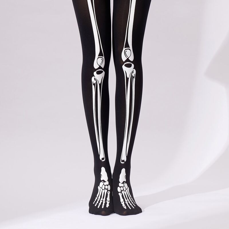 

50D Halloween Skeleton Print Tights, Black