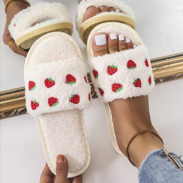 

Strawberry Graphic Fluffy Home Slippers, Beige