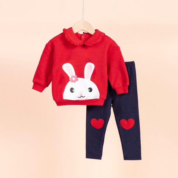 

Toddler Girls Cartoon Graphic Ruffle Trim Sweatshirt & Heart Patched Sweatpants Set, Multicolor