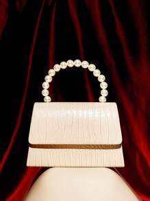 SHEIN MOD 菱形公主假珍珠和鑽石珍珠連鎖裝飾迷你鱷魚皮壓紋假珍珠晚宴包,適用於派對、婚禮、舞會和晚餐,滑唇膏,女士珍珠包 - 杏色 - 查看 1