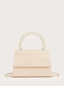 SHEIN MOD 菱形公主假珍珠和鑽石珍珠連鎖裝飾迷你鱷魚皮壓紋假珍珠晚宴包,適用於派對、婚禮、舞會和晚餐,滑唇膏,女士珍珠包 - 杏色 - 查看 2