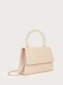 SHEIN MOD 菱形公主假珍珠和鑽石珍珠連鎖裝飾迷你鱷魚皮壓紋假珍珠晚宴包,適用於派對、婚禮、舞會和晚餐,滑唇膏,女士珍珠包 - 杏色 - 查看 3