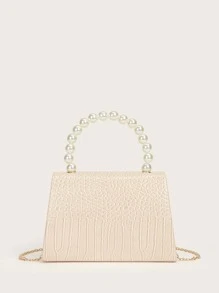 SHEIN MOD 菱形公主假珍珠和鑽石珍珠連鎖裝飾迷你鱷魚皮壓紋假珍珠晚宴包,適用於派對、婚禮、舞會和晚餐,滑唇膏,女士珍珠包 - 杏色 - 查看 5