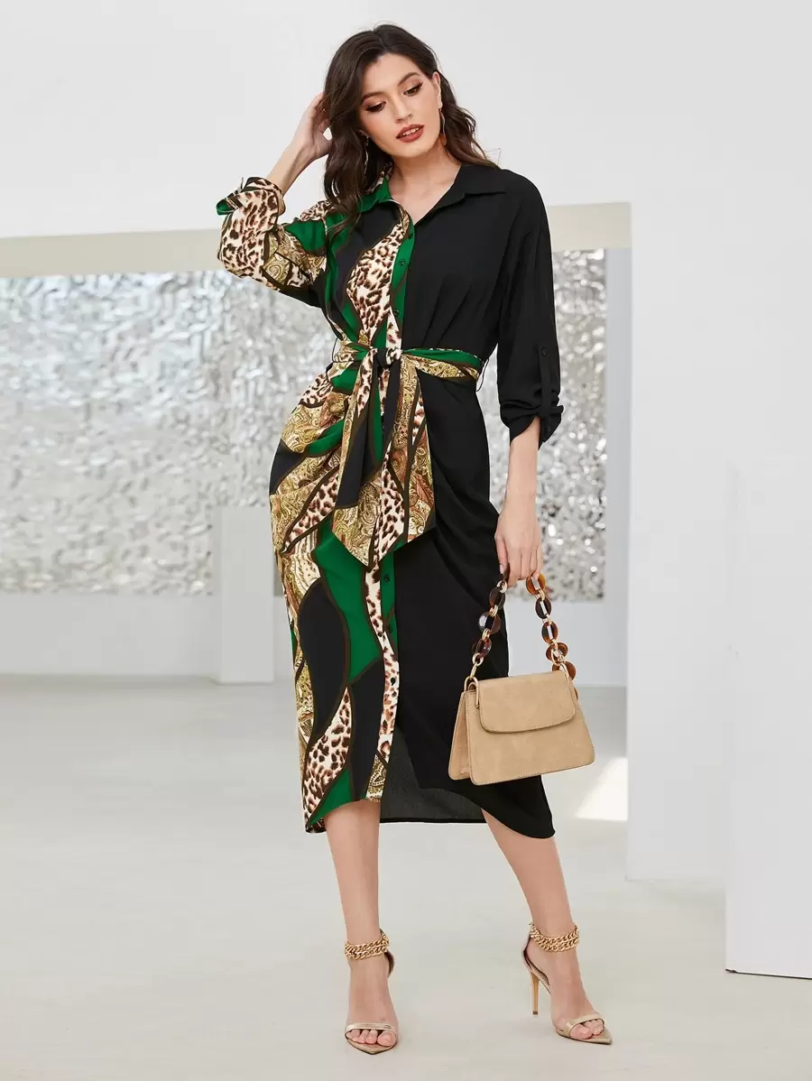 Modelyn Patchwork Print Roll Tab Sleeve Belted Shirt Dress - Multicolor - View 1