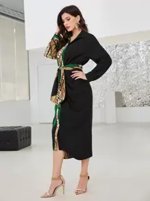 Modelyn Patchwork Print Roll Tab Sleeve Belted Shirt Dress - Multicolor - View 3