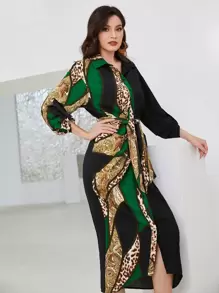 Modelyn Patchwork Print Roll Tab Sleeve Belted Shirt Dress - Multicolor - View 4