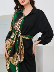 Modelyn Patchwork Print Roll Tab Sleeve Belted Shirt Dress - Multicolor - View 5