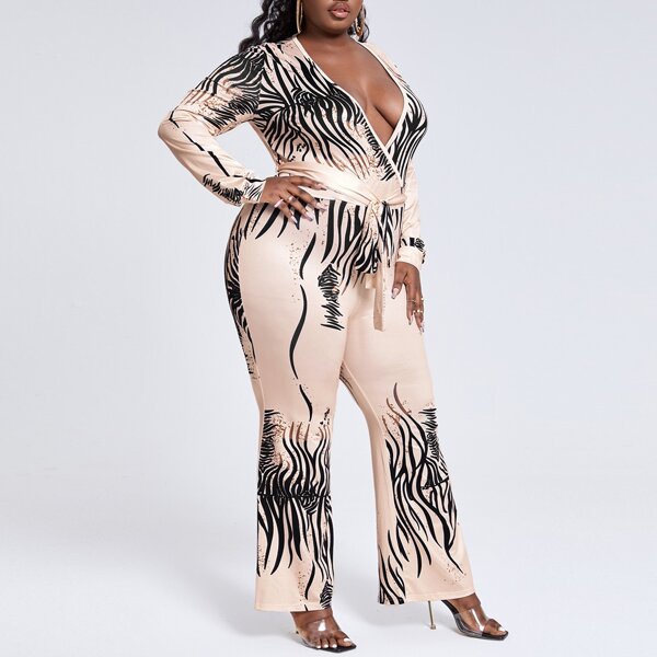 

Plus Plunging Neck Zebra Stripe Belted Jumpsuit, Multicolor