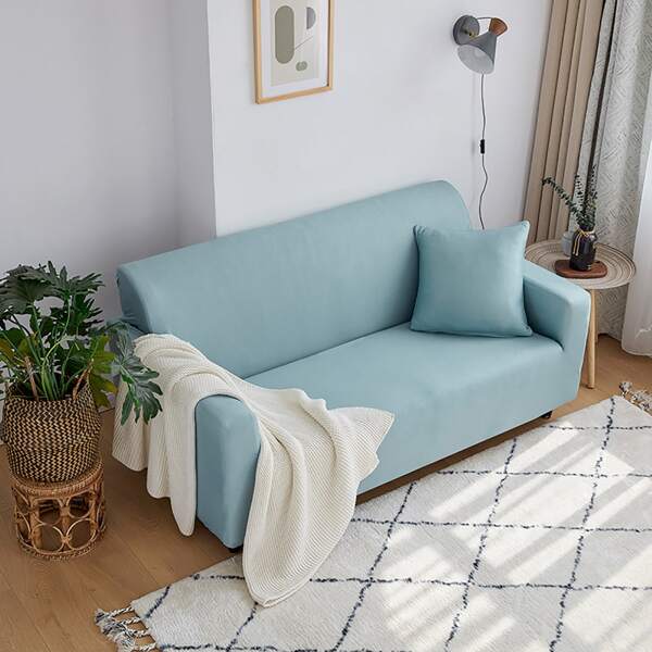 

1pc Plain Sofa Slipcover & 1pc Cushion Cover Without Filler, Blue