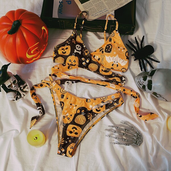 

Halloween Print Wrap Bikini Swimsuit, Multicolor