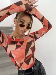 SHEIN ICON 撞色幾何印花上衣 - 彩色 - 查看 1