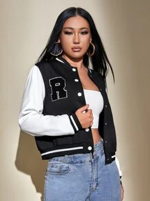 SHEIN PETITE 撞色按扣學院風夾克 - 黑與白 - 查看 3