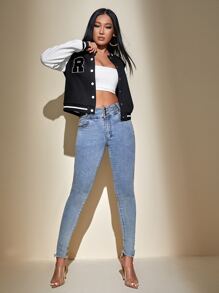 SHEIN PETITE 撞色按扣學院風夾克 - 黑與白 - 查看 4