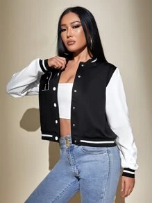 SHEIN PETITE 撞色按扣學院風夾克 - 黑與白 - 查看 5
